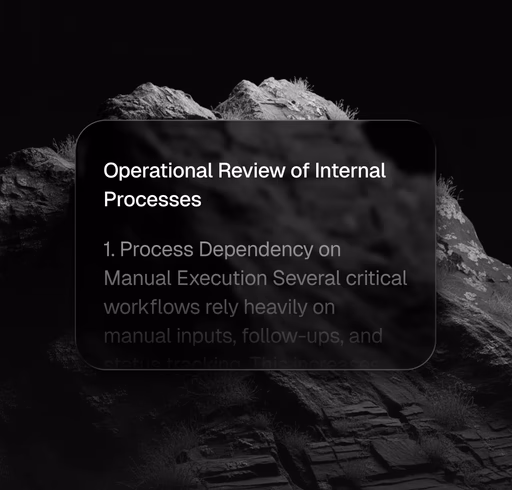 A glass report card titled 'Operational Review of Internal Processes' generated by an agent, set against a dark mountain ridge