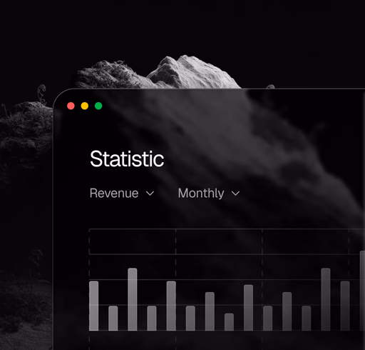 A dark application window showing monthly revenue statistics as a bar chart, framed by a monochrome mountain landscape
